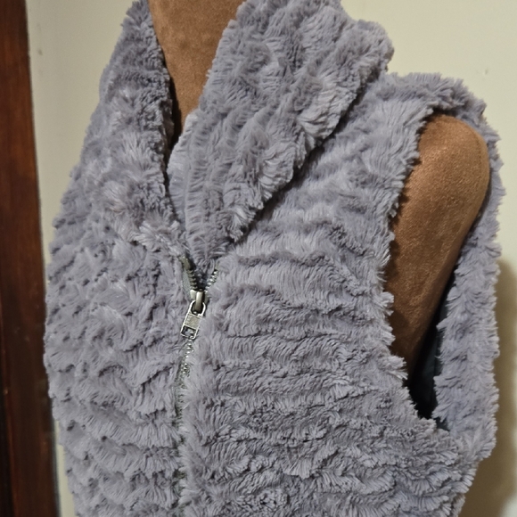 C21 Patagonia Gray Curly Fleece Vest Sz Md Asymetrical Zip Pockets Cropped Back - Picture 4 of 10